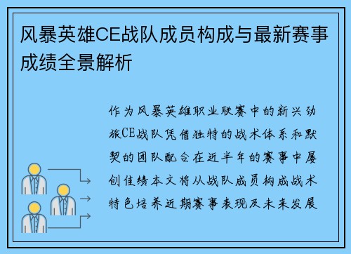 风暴英雄CE战队成员构成与最新赛事成绩全景解析